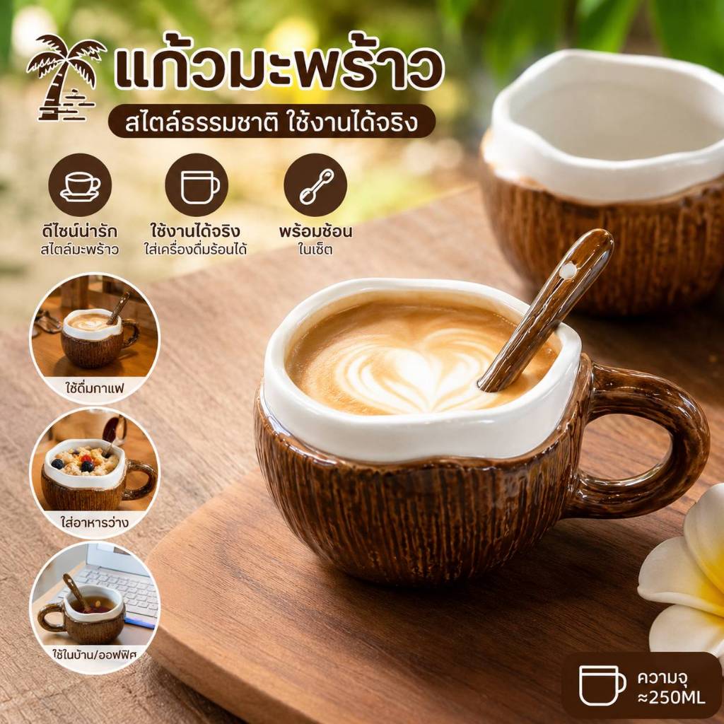 [จัดจากไทย] แก้วกะลามะพร้าว แก้ว+ช้อน งานเซรามิก แก้วกาแฟและชา ออกแบบใหม่ พร้อมส่ง