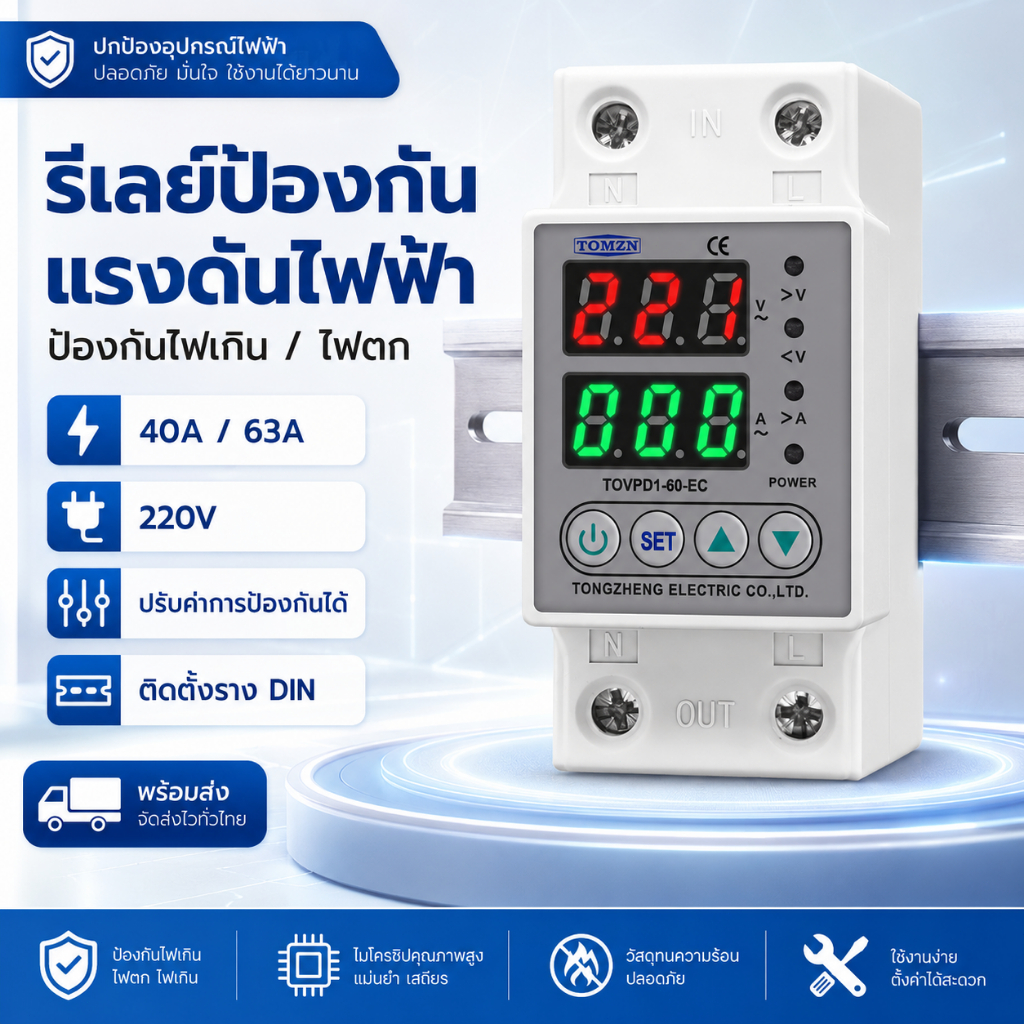 มีสินค้าพร้อมส่ง 40A 63A 220V ปรับแรงดันไฟเกินได้ อุปกรณ์ป้องกันแรงดันไฟเกินและแรงดันไฟต่ำแบบปรับราง Din ได้ รีเลย์ป้องก
