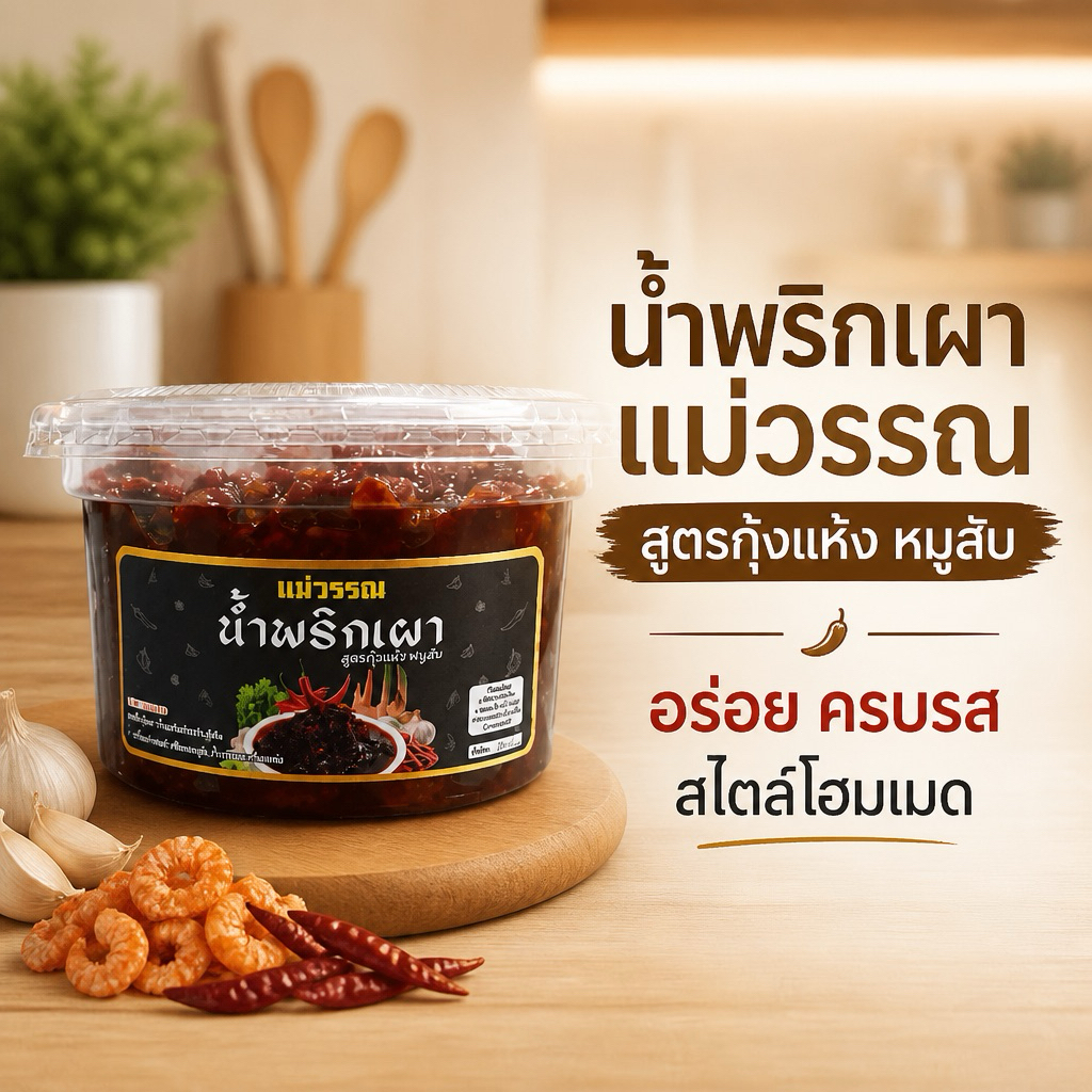 น้ำพริกเผาแม่วรรณ เครื่องแน่น สูตรกุ้งแห้ง+หมูสับ