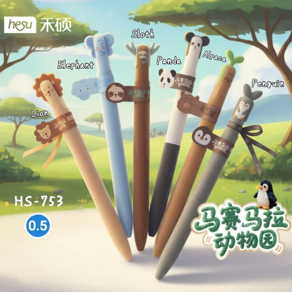 Hesu ปากกาเจล HS-753 Collection สัตว์ป่าในทุ่งหญ้าสะวันนามาไซมารา ขนาด 0.5 มม. หมึกน้ำเงิน (ราคา 1 ด้าม)