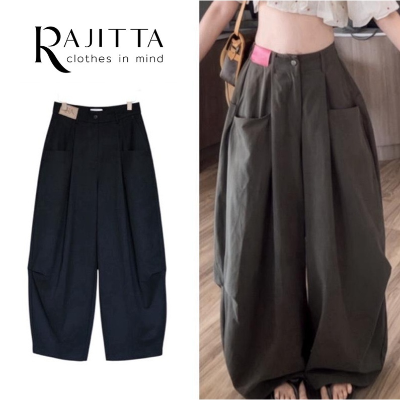 RAJITTA กางเกงขายาว ขากระบอกใหญ่ แต่งกระเป๋าหน้า เอวด้านหลังมีเลเยอร์ยืดได้แบบเอวสม๊อค