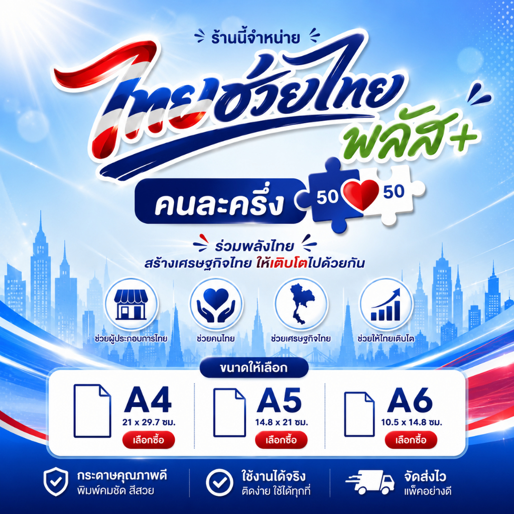 ป้ายไทยช่วยไทย พลัส คนละครึ่งพลัส เคลือบพลาสติกแข็ง กันน้ำ พร้อมส่ง ขนาด A4 A5 A6 สีคมชัด ติดหน้าร้านได้ทันที