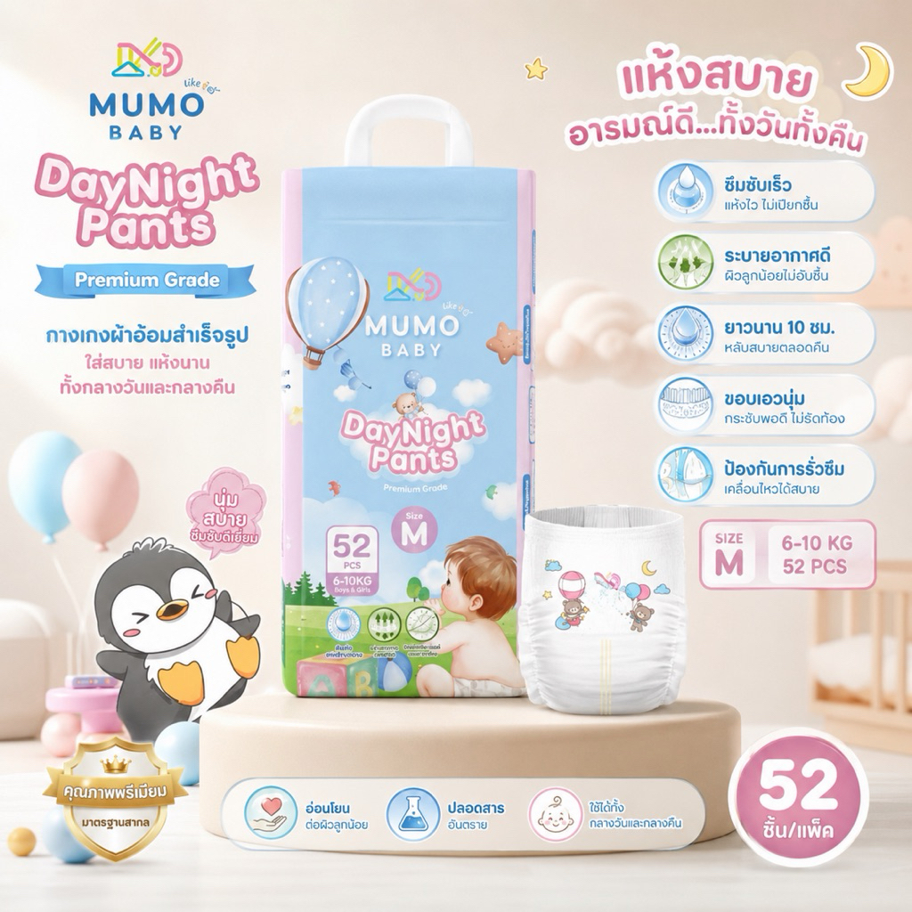 Mumo Baby Day & Night Pants ป้องกันการรั่วซึม ไซส์ M (52 ชิ้น) ไซส์ L (48 ชิ้น) แพมเพิสเด็ก วัสดุคอตตอนพิเศษ