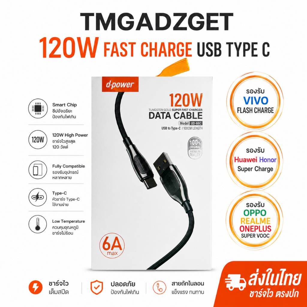 ส่งในไทย สายชาร์จเร็ว 120W 6A Type C สายชาร์จถัก Smart Chip รองรับชาร์จ Flash Charge Super Charge