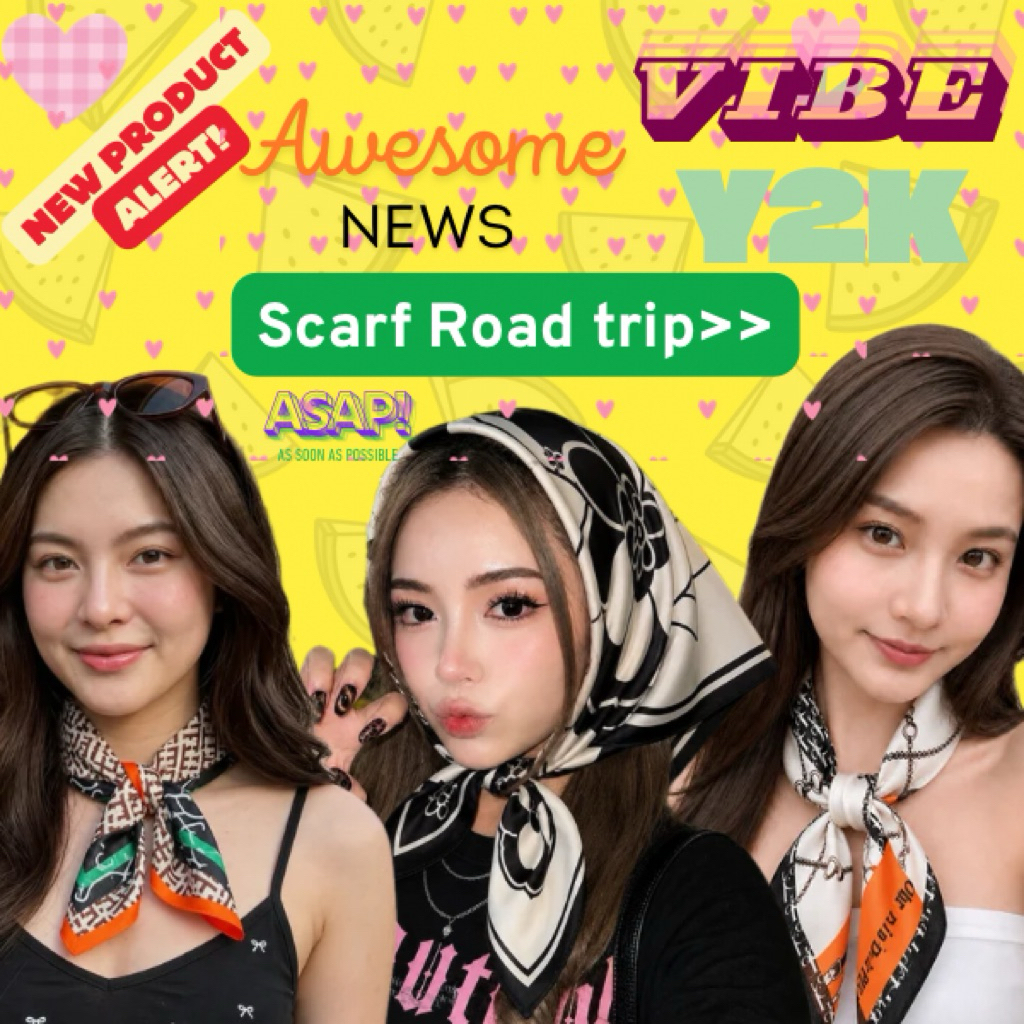 🚨📌[🛎️!!ส่งไวทันทีในกทม.🛵📌]ผ้าพันคอ ผ้าโพกผมขนาด70x70 ลวดลายกราฟิกดีไซน์สวยเก๋สไตล์เกาหลี