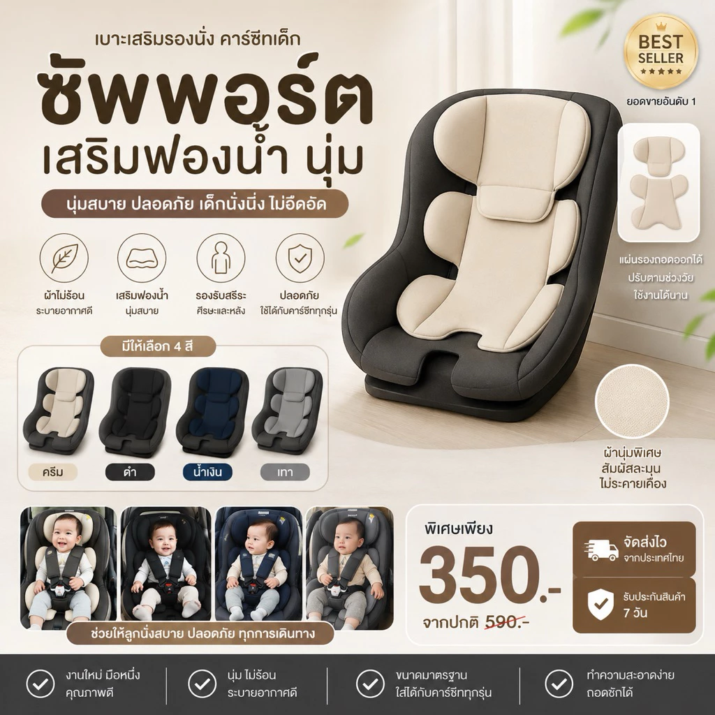 แผ่นรองคาร์ซีทเด็ก รองศีรษะ+ลำตัว ใส่ได้ทุกรุ่น | เบาะซัพพอร์ต ระบายอากาศ ถอดซักได้ | ซัพพอร์ตคาร์ซีท