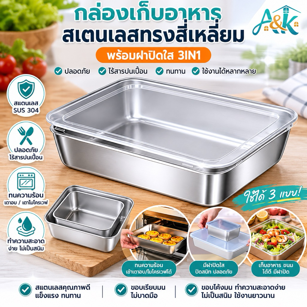 A&k family shop กล่องเก็บอาหารสแตนเลสทรงเหลื่ยม 3IN1 พร้อมฝาปิดใส NF175-176