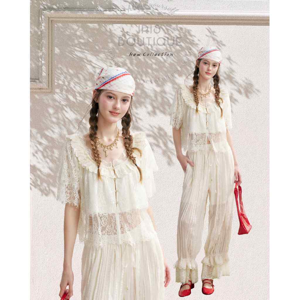 Original Design IRIS BOUTIQUE Trims series summer IS21051-IP73943 Whisper Lace Hem Culottes - Bloom Pants Set