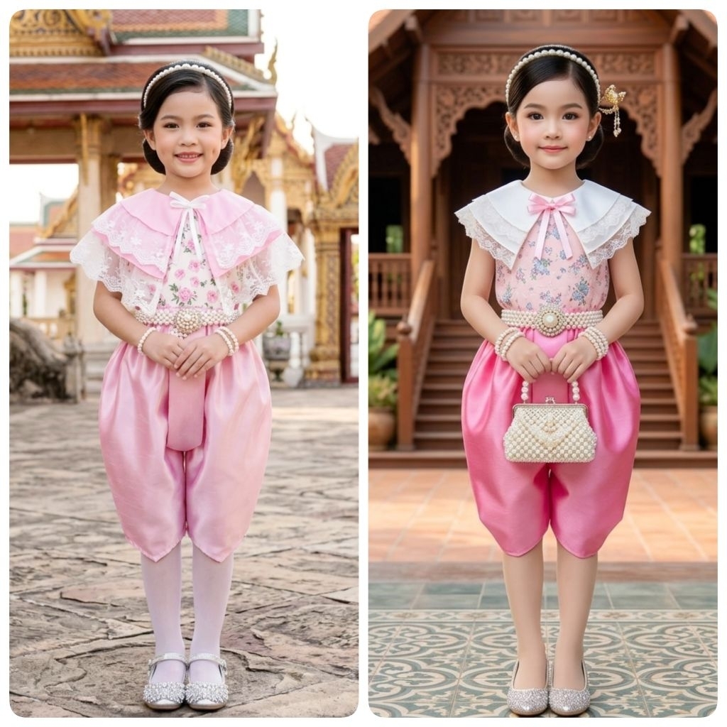 ชุดไทยเด็ก ชุดไทยประยุกต์เด็กผู้หญิงรุ่นเสื้อ+โจง+สไบ รวม 3 ชิ้น ***ไม่รวมเครื่องประดับ***