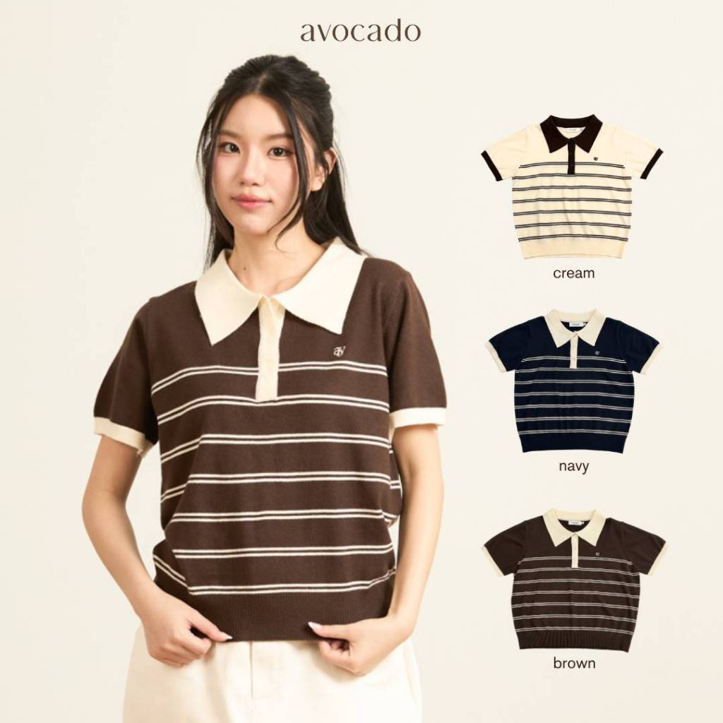 avocado - Ease-ful polo top เสื้อโปโลลายทางคอปกทูโทน เบสิค แมตช์ง่าย I มี 2 ไซส์