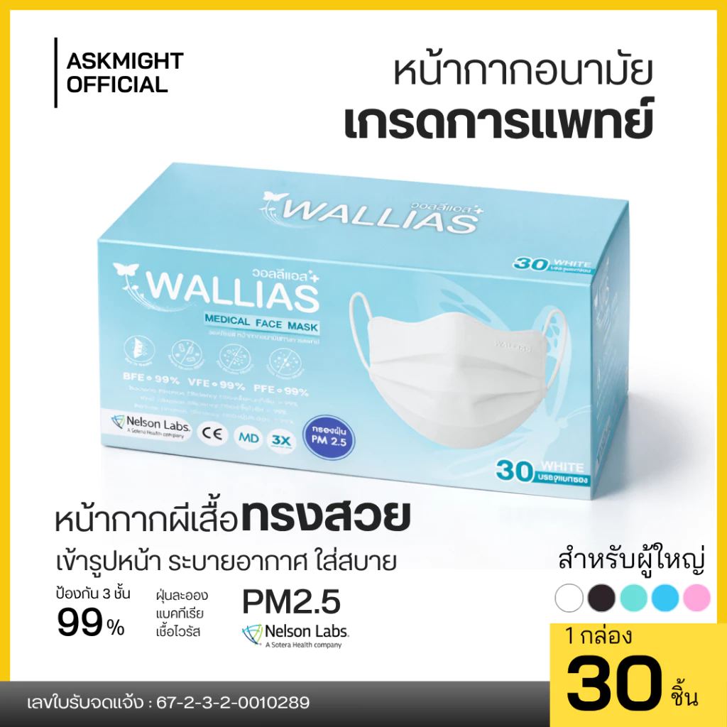 หน้ากากอนามัยรูปทรงผีเสื้อ Wallias medical face mask ได้รับมาตรฐาน หนา 3 ชั้น ใส่สบาย รูปทรงสวยกันฝุ่น