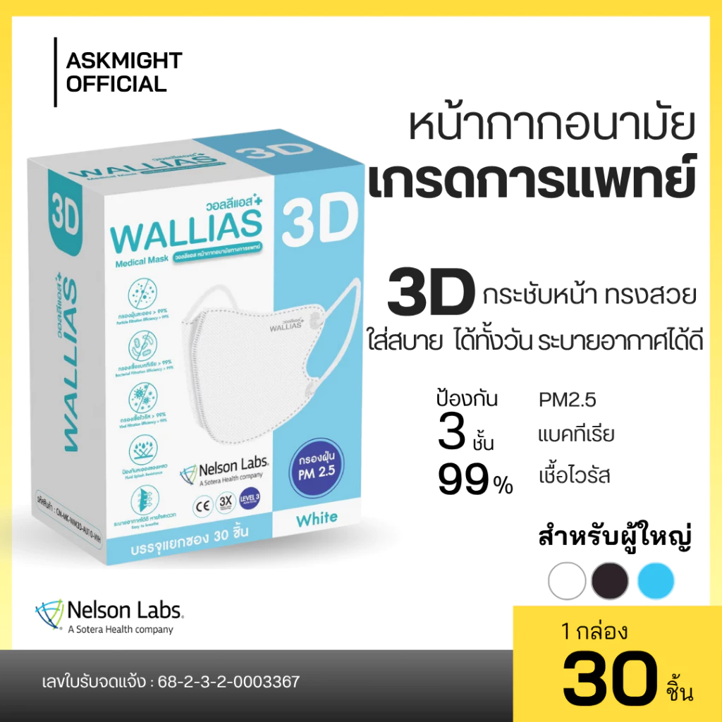【เติมสินค้าแล้ว】หน้ากากอนามัย 3D WALLIAS Medical Mask 3D ป้องกันฝุ่น PM2.5 ได้รับมาตรฐานอย. LV.3
