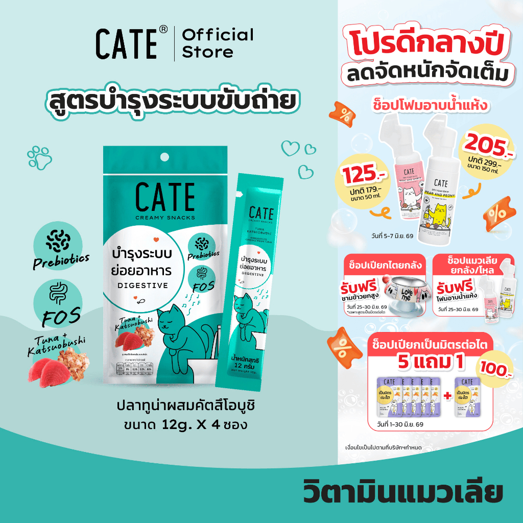 1แพ็ค (4 ซอง) CATE เคท ขนมแมวเลีย รสทูน่าผสมคัตสึโอบูชิ สูตรบำรุงระบบย่อยอาหาร Prebiotics