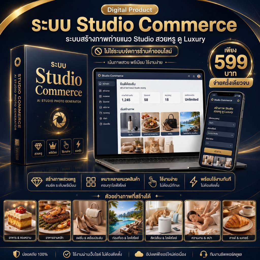 Studio Commerce ระบบสร้างภาพสินค้าแนวสตูดิโอ Luxury ด้วย AI สำหรับ Shopee TikTok Facebook