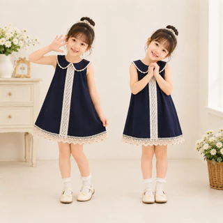 Hania kids พร้อมส่ง ชุดเดรสสีกรมตกแต่งลายลูกไม้ ผ้าฝ้าย ชุดเดรสเด็กผู้หญิงน่ารัก K4125061