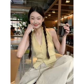 QY.shop เสื้อกั๊กถักผู้หญิงแฟชั่นกระดุมแถวเดียว คอวี ผิวเพรียว สวมใส่สบาย เนื้อผ้านุ่ม-B088