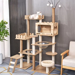 L&Q คอนโดแมว cat tree คอนโดแมวหลากหลายฟังก์ชัน สูง 170cm โครงสร้างมั่นคง แข็งแรง สำหรับบ้านที่มีแมว 1–5 ตัว