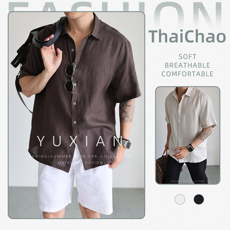 เสื้อเชิ้ตแขนสั้นคอปก ผ้าเลน ฤดูร้อน ทรงหลวมสไตล์ลำลอง แห้งเร็ว ระบายอากาศ ไม่ร้อนอึดอัด