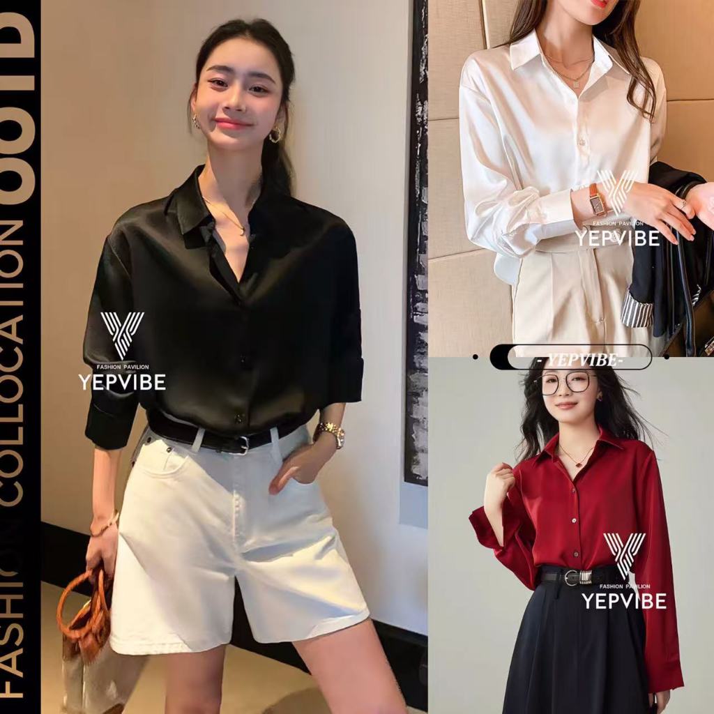 พร้อมส่ง เสื้อเชิ้ต แขนยาว คอปก ผ้าซาติน ลื่นๆ ใส่สบายมาก ดีไซน์เว้าเอว ทรงสวยเก๋มาก แมทซ์ได้กับทุกลุคทุกสไตล์