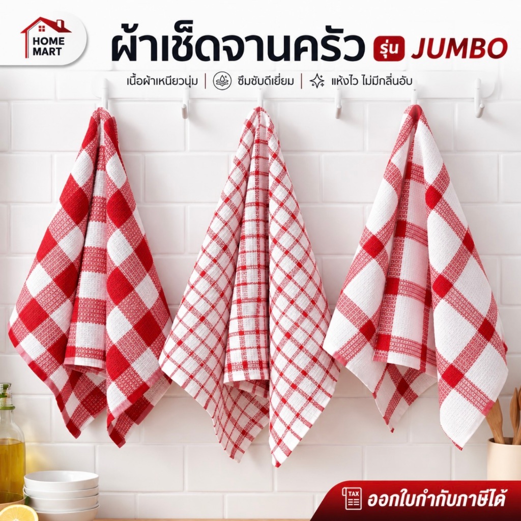 Homemart Official ผ้าเช็ดจานครัว รุ่น JUMBO ซับนํ้าไว แห้งเร็ว ไม่เป็นขุย ขนาดใหญ่ 68×34 ซม. Kitchen Dish Towel