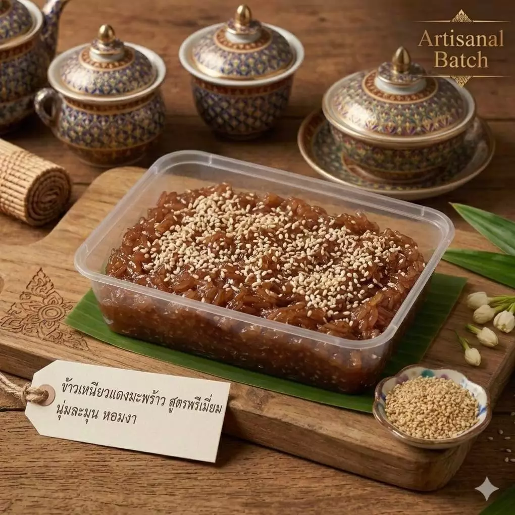 ข้าวเหนียวแดงสูตรมะพร้าวโรยงาเกรดพรีเมียม