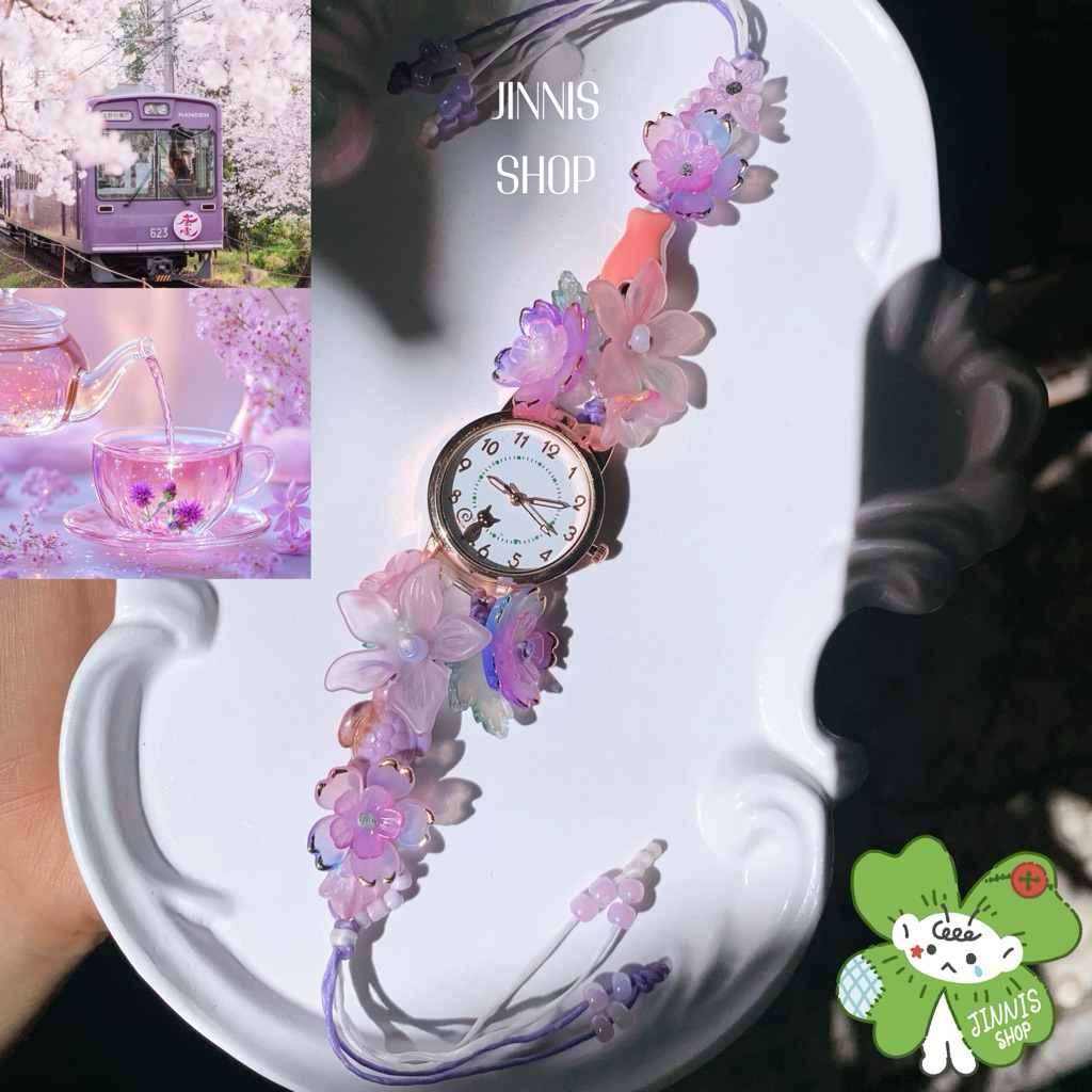 (พร้อมส่ง✅)นาฬิกาข้อมือเชือกเทียนแฮนด์เมด นาฬิกาข้อมือน่ารัก ลูกปัดดอกไม้