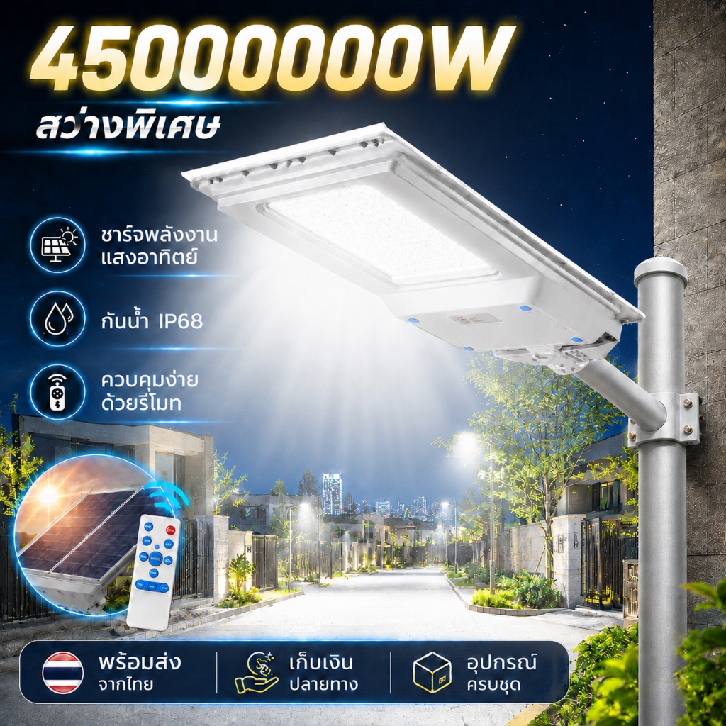 FITHERO โคมไฟถนนโซล่าเซลล์ LED กันน้ำ IP68 สว่าง 45000000W ประกัน 2 ปี แสงขาว/เหลือง ระบบสว่างค้าง รีโมทคอนโทรล เปิดปิดอ