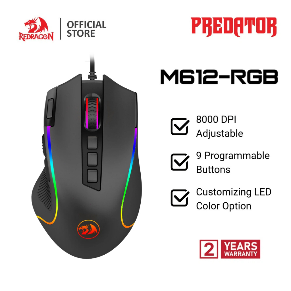 Redragon M612 เมาส์เกมมิ่ง Wired Gaming Mouse RGB 8000 DPI เมาส์บลูทูธมีสาย มี 9 ปุ่มตั้งโปรแกรมได้ & 5 โหมดไฟ Backlit