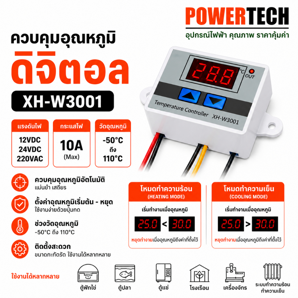 XH -W3001 ควบคุมอุณหภมิดิจิตอล 12VDC 24VDC 220V 10A พร้อมส่ง