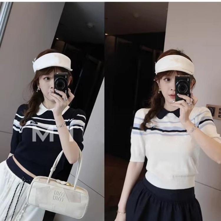 GAKKI รุ่น 32231# เสื้อไหมพรมคอปก ลายขวาง สไตล์เกาหลี เสื้อโปโลแขนสั้น ผ้านิ่ม ใส่สบาย แมทช์ง่าย