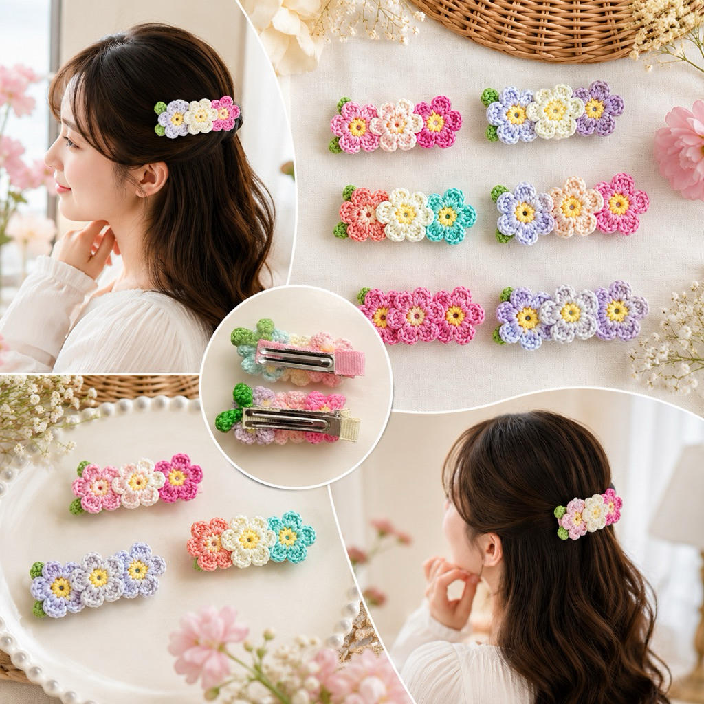 กิ๊บติดผม กิ๊บดอกไม้ โครเชต์ ไหมคอตตอนธรรมชาติ งานทำมือ handmade งานปัจฉิม