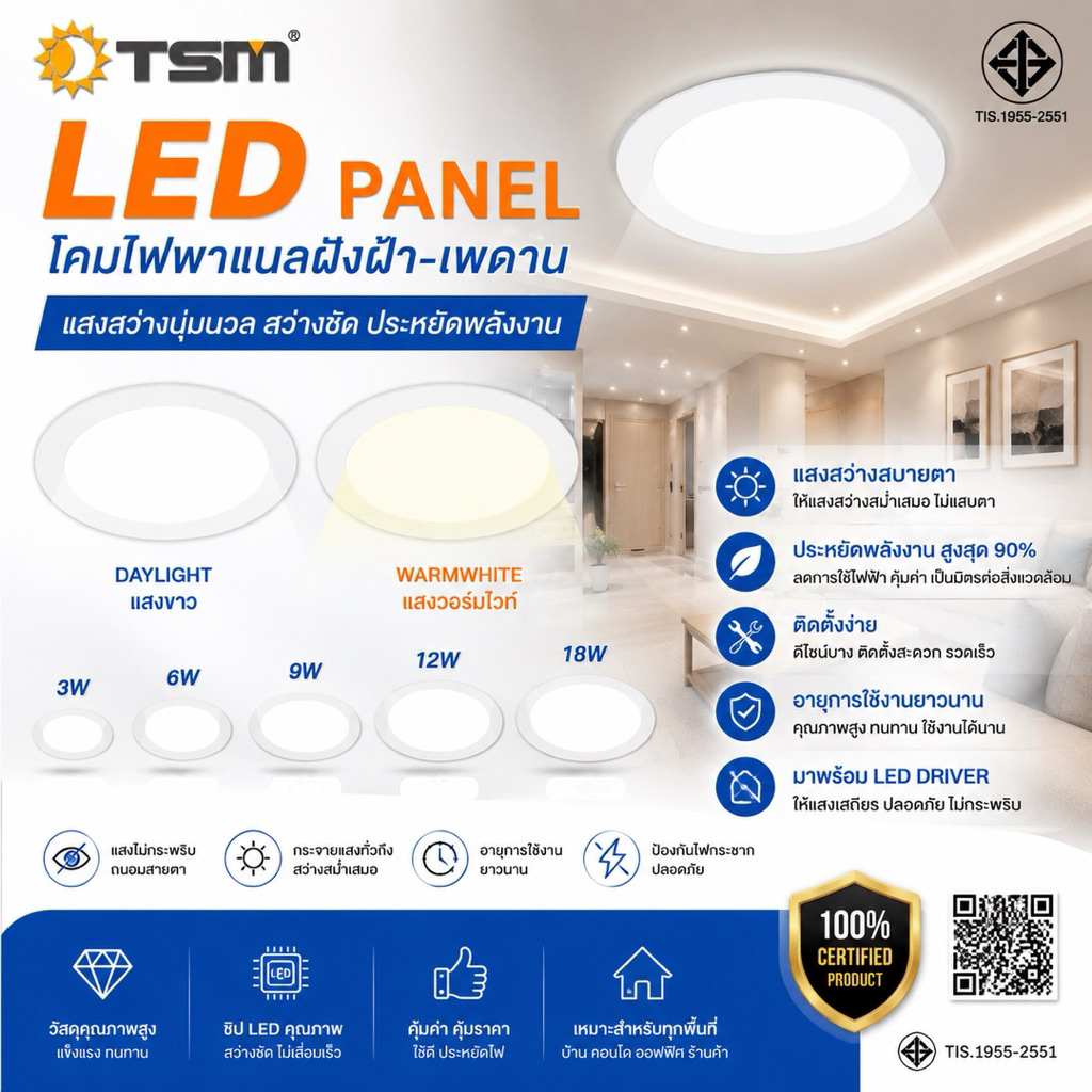 TSM โคมไฟดาวน์ไลท์ ฝังฝ้า LED ฝังฝ้า ติดฝ้าเพดาน TSM 18W 12W 9W 6W 3W ดาวไลท์ แบบบาง กลม แสงสว่างสีขาว