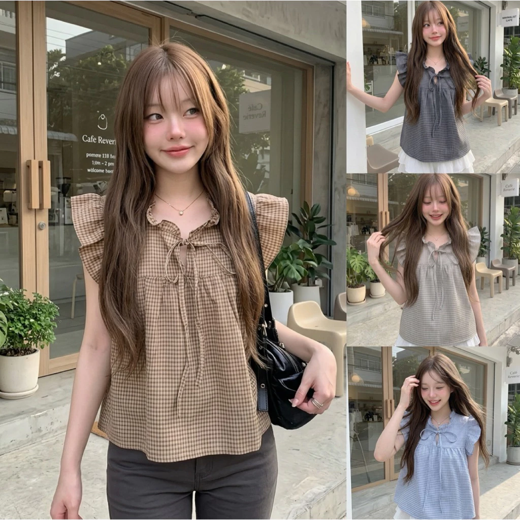 (อก28-38) เสื้อโบว์ผูกหน้าสไตล์เกาหลี แขนระบายทรงปล่อยทรงหลวมน่ารักสไตล์เกาหลี