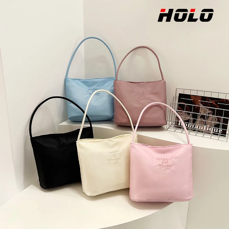 HOLO กระเป๋าถือทรงบัคเก็ตสีแมคารอนแบบเรียบง่าย กระเป๋าสะพายข้างแฟชั่น