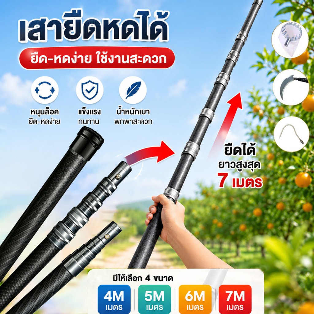 【COD】ท่อยืดหดได้ ท่อคาร์บอนไฟเบอร์ (4m/5m/6m/7m) เสายืดหดอเนกประสงค์คาร์บอน วัดสุแข็งแรงอย่างดี น้ำนักเบา