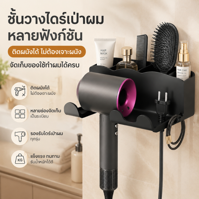 ส่งจากไทย ที่วางไดร์เป่าผมติดผนัง ไม่เจาะรู มีกาวในตัว อเนกประสงค์ สำหรับห้องน้ำ Hair Dryer Holder
