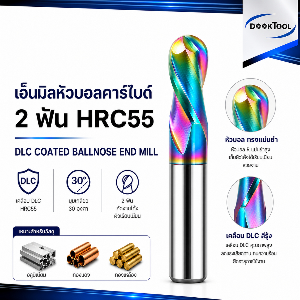 เอ็นมิล HRC55 หัวบอล อลูมิเนียม สีรุ้ง  R0.5-R4