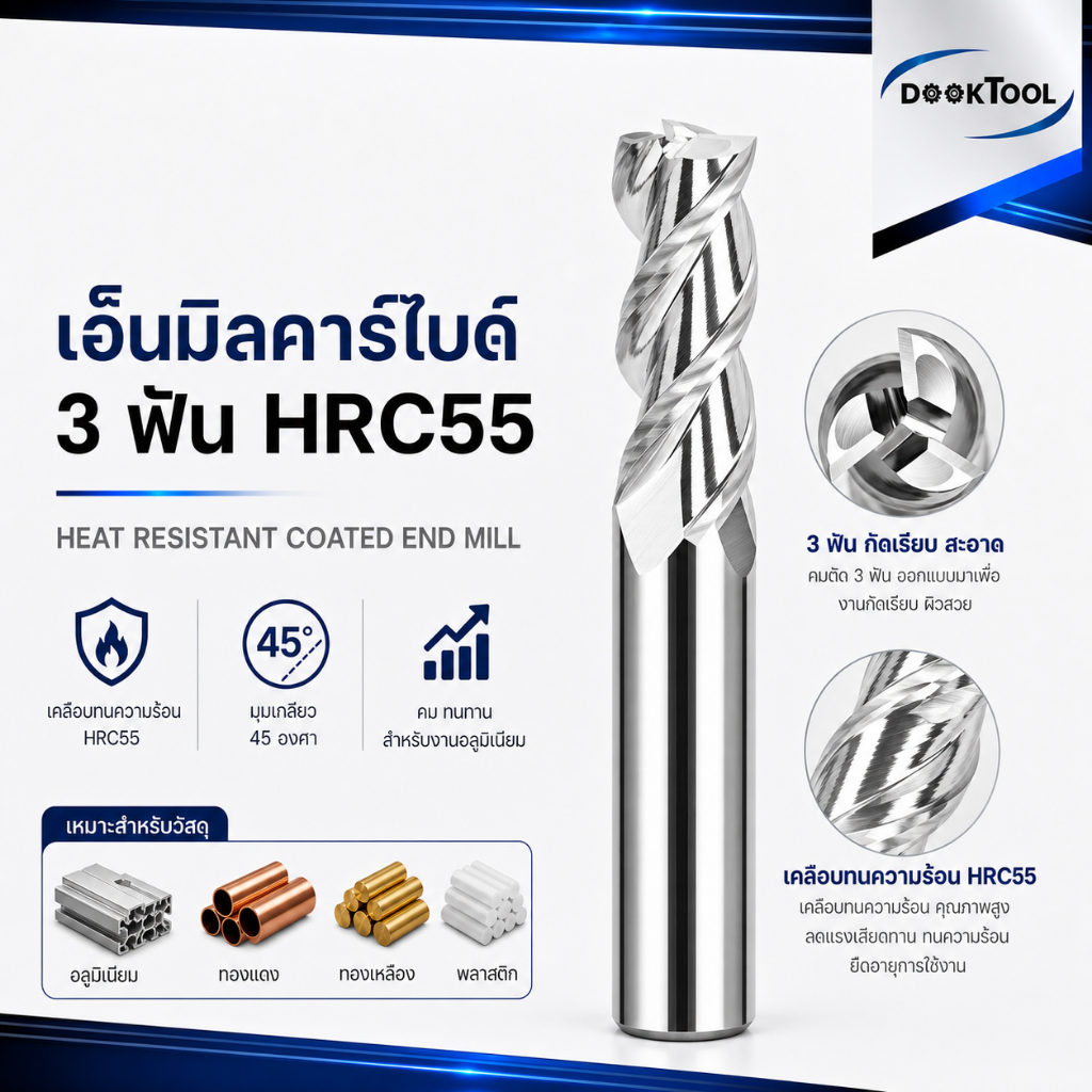 เอ็นมิล อลูมิเนียม HRC55 3 ฟัน เคลือบทนความร้อน