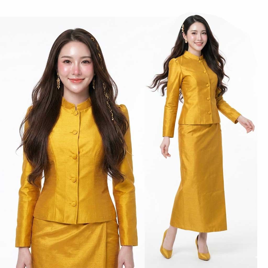 [ขายแยกชิ้น-พร้อมส่ง] เสื้อไทยจิตรลดา ผ้าถุงสำเร็จรูป รหัส M11 ศ11 สีทอง ผ้าไหมสี่เส้นอัดกาว ทรงสุภาพ อก 34-46 นิ้ว