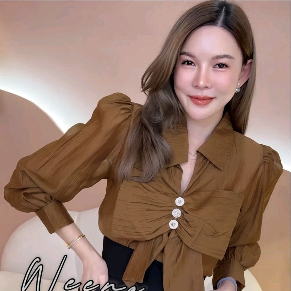 เสื้อซีฟองแต่งโบว์ตรงอก Weena #อ106