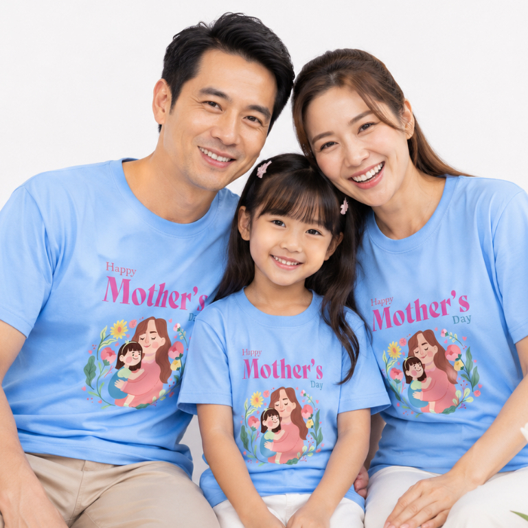 เสื้อวันแม่ สีฟ้า I Love Mom ลายแม่ลูก งานไทย พร้อมส่ง  Happy Mother Day เนื้อผ้านุ่มใส่สบาย