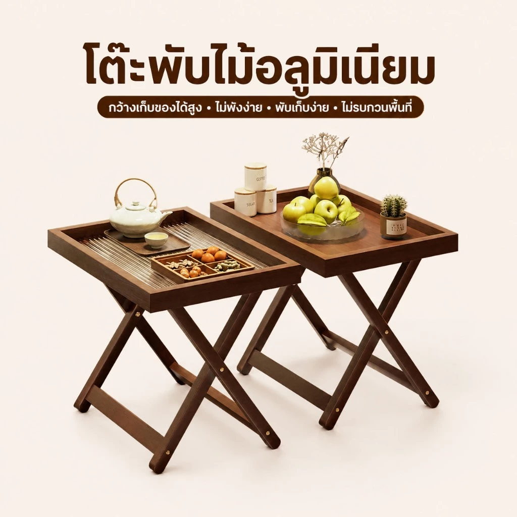 โต๊ะพับไม้อลูมิเนียม ขนาดกว้างเก็บของได้สูง ไม่พังง่าย พับเก็บง่าย ไม่รบกวนพื้นที่