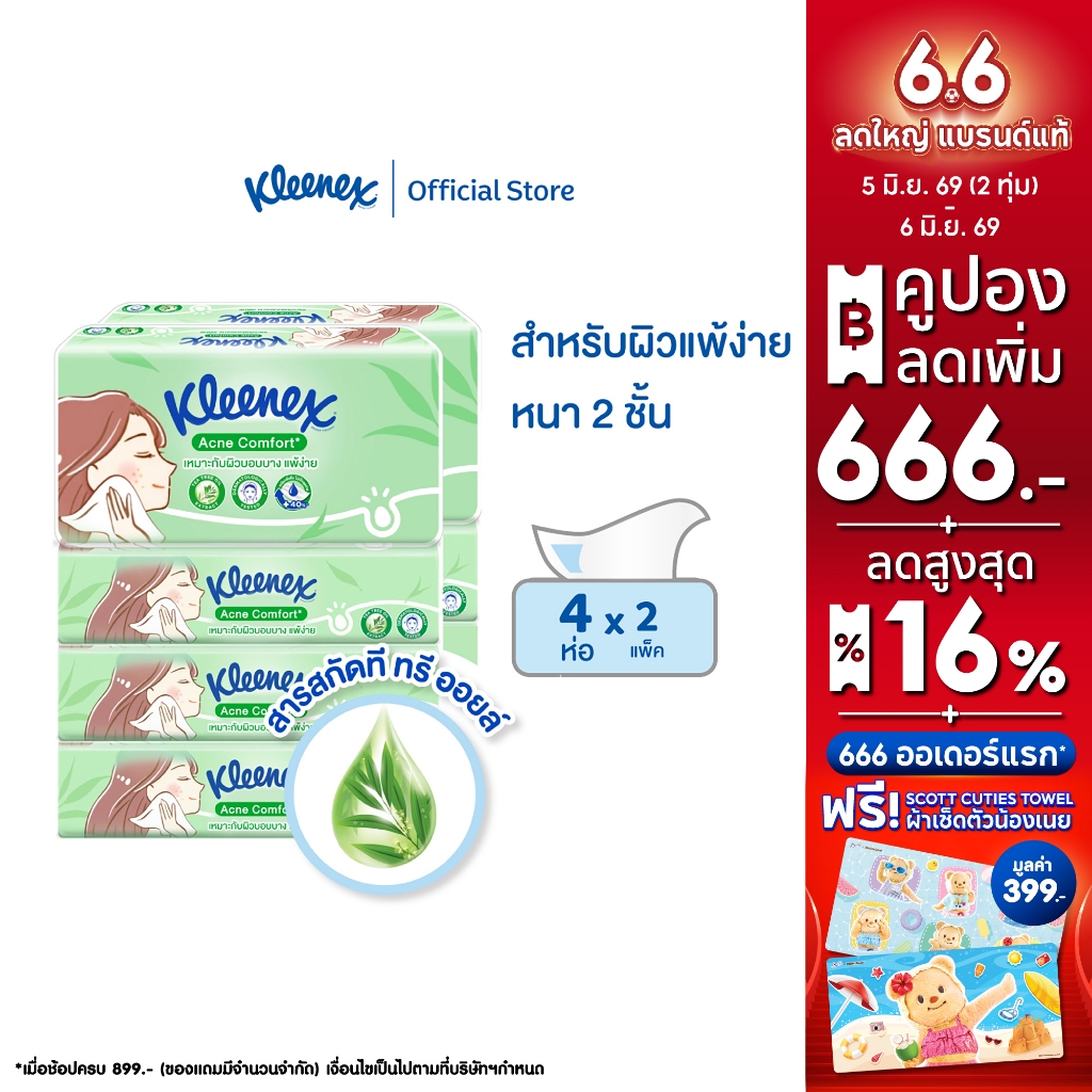 คลีเน็กซ์ กระดาษเช็ดหน้าแอคเน่ คอมฟอร์ท ซอฟท์ เคส 100 แผ่น แพ็ค 4 ห่อ Kleenex Facial Tissue Acne Comfort เลือกจำนวนได้