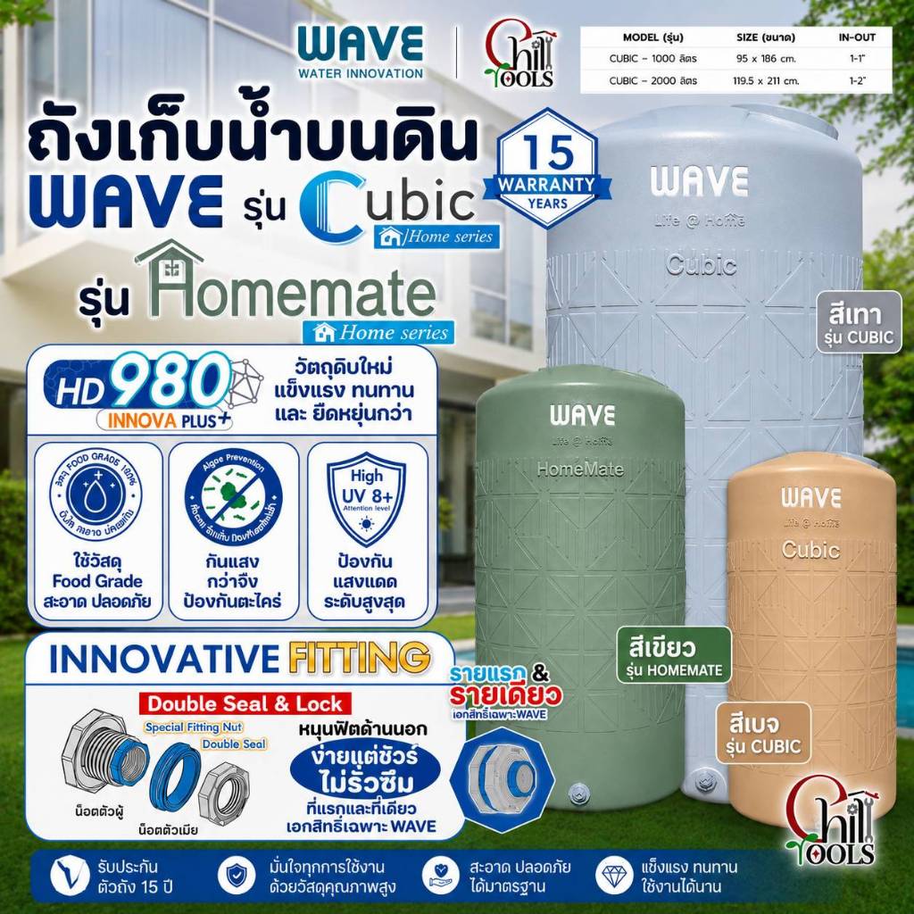 WAVE ถังเก็บน้ำ รุ่น HOMEMATE สีเขียว Cubic สีเทา สีเบจ  โฮมเมท คิวบิค เวฟ รุ่น ยืดหยุ่น ทนทาน รับประกัน 15 ปี (DD)