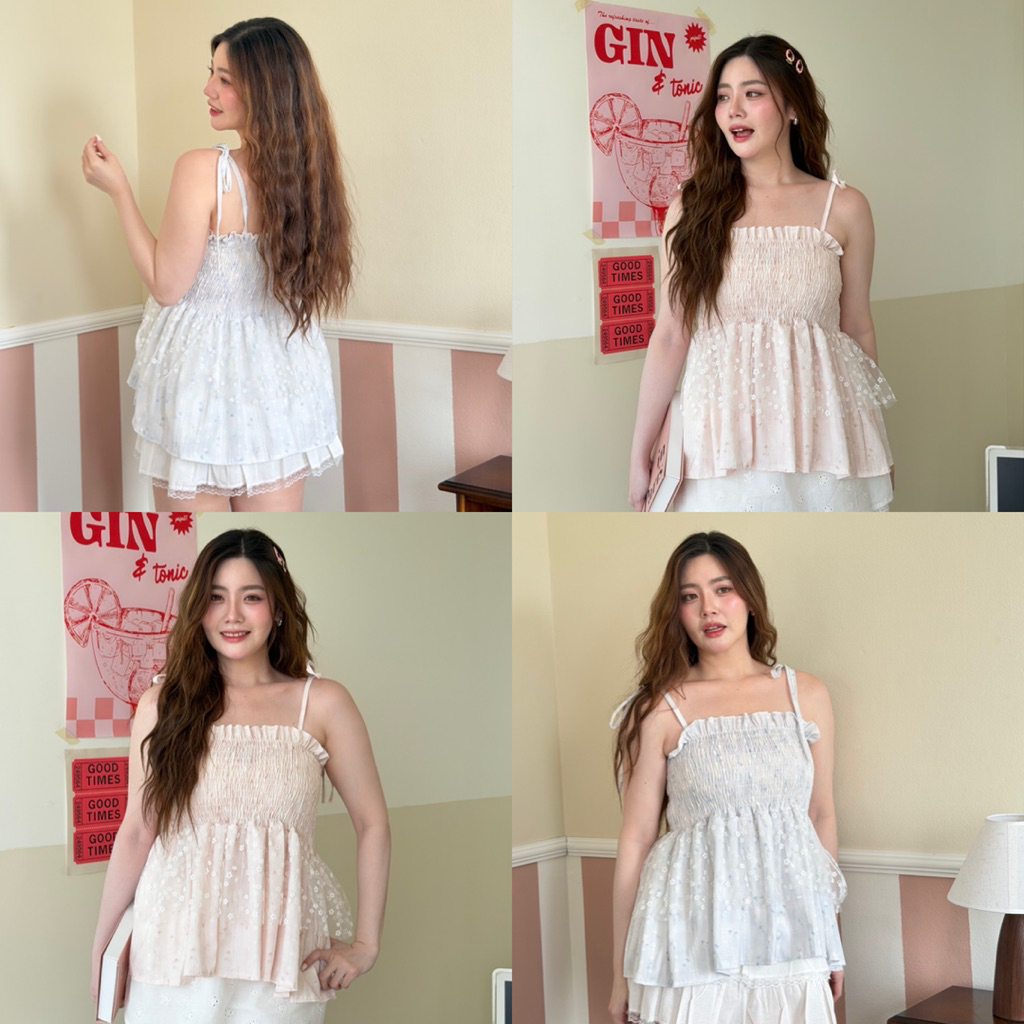 Peony top เสื้อผูกไหล่ดอกไม้ อกสม็อค เอวระบาย พรางหุ่นสุดๆ