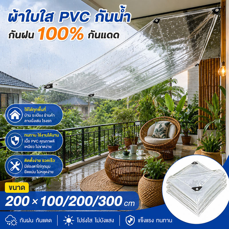 💦กันน้ำ100%💦ผ้าใบกันฝน ไม่รั่วซึม น้ำหนักเบา ทนทาน 50 ปี มีตาไก่ คุณภาพสูง โปร่งใสสูง ผ้าใบกันเเดดกันฝน