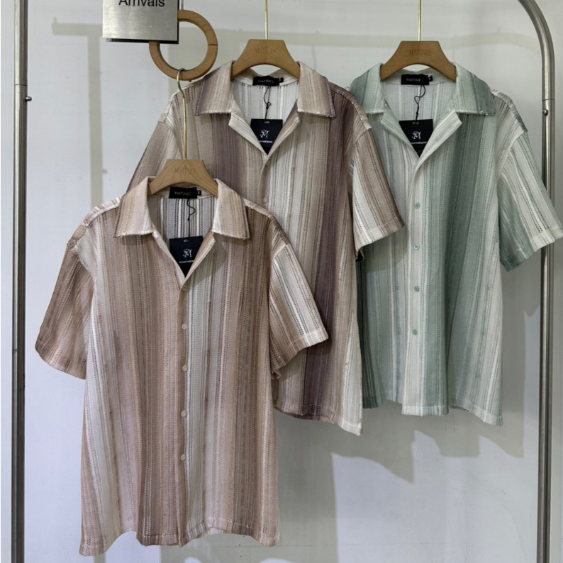 N130 เสื้อเชิ้ตแขนสั้นผู้ชาย ลายทางไล่เฉดสีเอิร์ธโทน ผ้าโปร่งทอพิเศษสไตล์เกาหลี