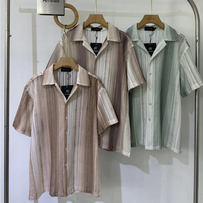 N130 เสื้อเชิ้ตแขนสั้นผู้ชาย ลายทางไล่เฉดสีเอิร์ธโทน ผ้าโปร่งทอพิเศษสไตล์เกาหลี