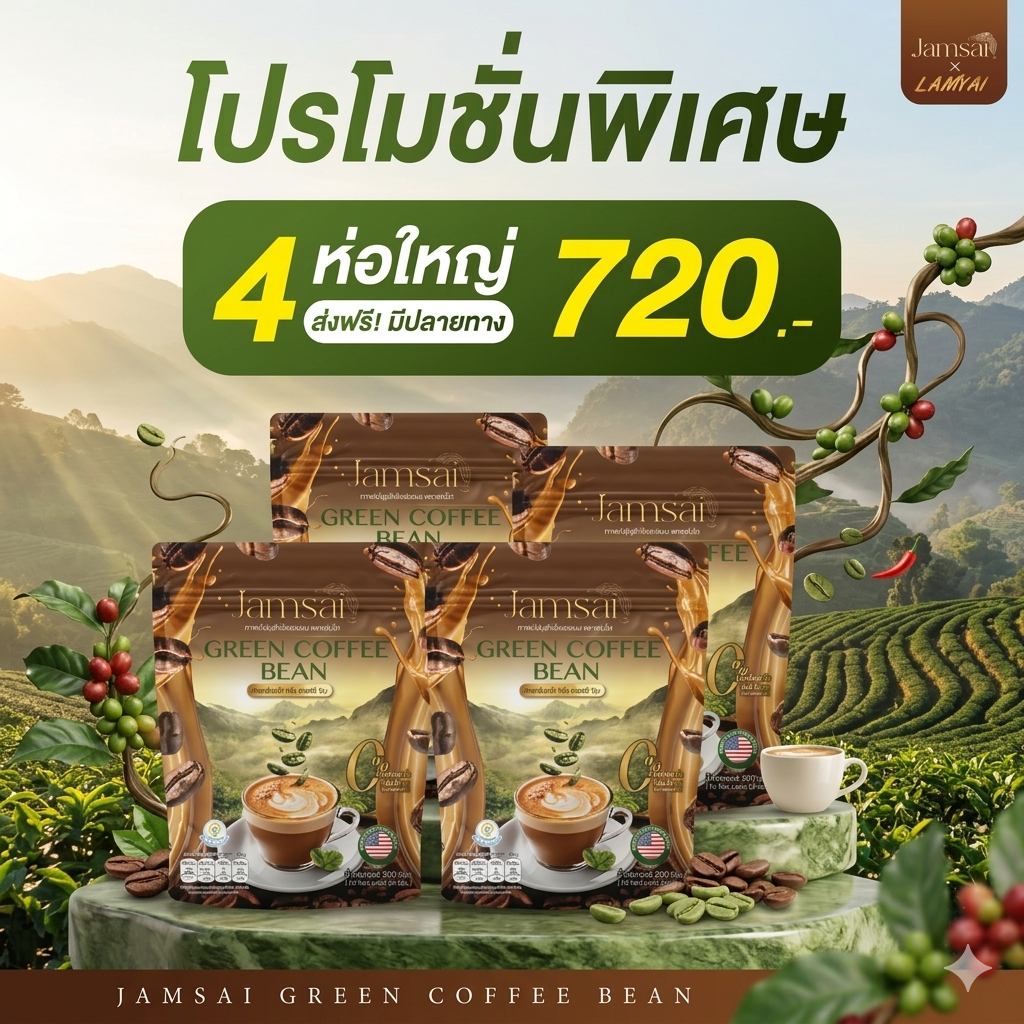 Jamsai กาแฟกรีนคอฟฟี่บีน ช่วยควบคุมน้ำหนัก 2 ห่อ 60 ซอง กาแฟแจ่มใส รสชาติเข้มข้น คาเฟอีนต่ำ