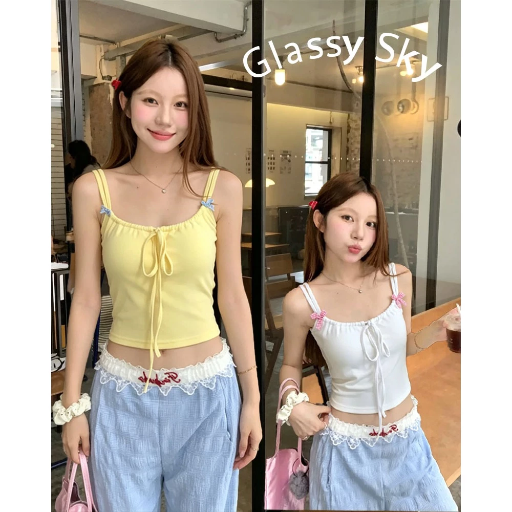 Glassy Sky💖พร้อมส่ง💖สายเดี่ยว เส้นคู่โบว์สองข้าง น่ารัก ลายเรียบ เชือกด้านหน้า อก32-38 มีฟองน้ำ สายเดี่ยว(FY6809-J)